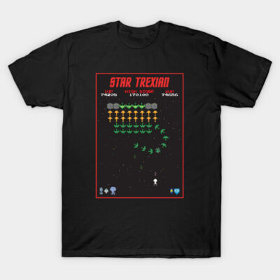 Black cotton t-shirt featuring retro video game design with colorful pixel art, perfect for gaming enthusiasts.