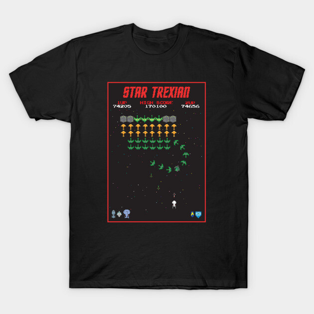 Black cotton t-shirt featuring retro video game design with colorful pixel art, perfect for gaming enthusiasts.
