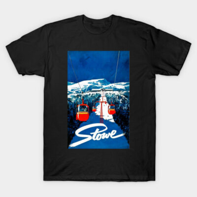 Black T-shirt featuring a vibrant ski lift graphic with snow mountains, ideal for winter sports enthusiasts.