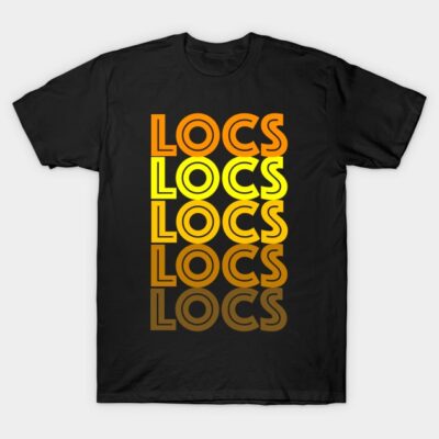 Black t-shirt with bold gradient "LOCS" text design, casual style, cotton material, perfect for everyday wear.
