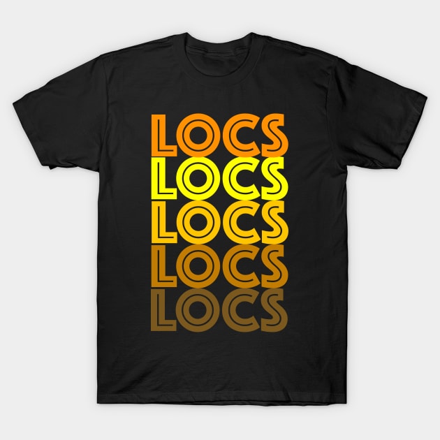 Black t-shirt with bold gradient "LOCS" text design, casual style, cotton material, perfect for everyday wear.