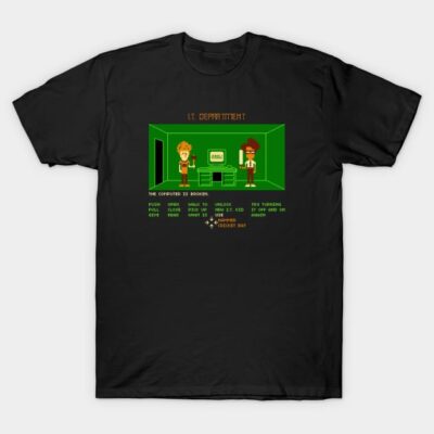 Black t-shirt with retro IT department graphic, featuring green pixel art design, ideal for tech enthusiasts.