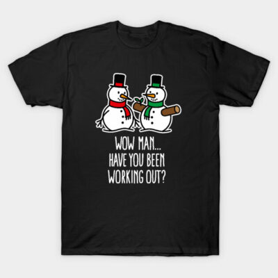 Black cotton T-shirt with humorous snowman print, Christmas theme, casual wear, unisex style, perfect for winter.