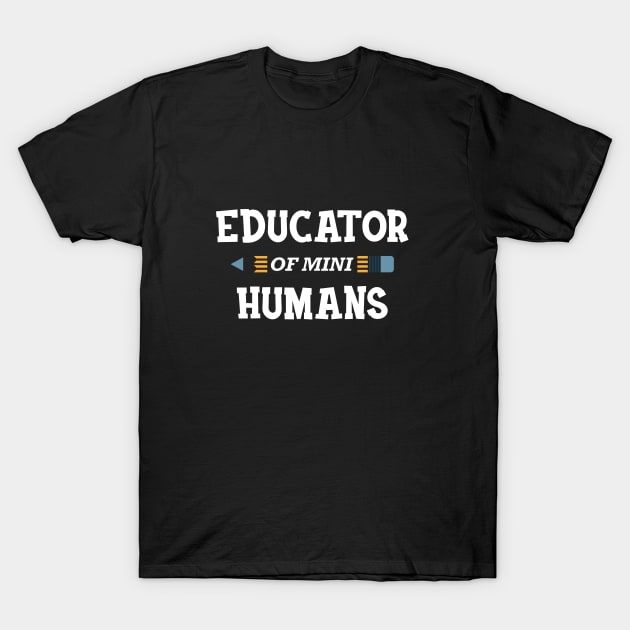 Black t-shirt with "Educator of Mini Humans" text design, casual style, ideal for teachers, made of soft cotton fabric.