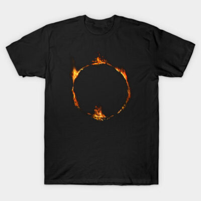 Black t-shirt with fiery circle design, casual style, cotton material, perfect for everyday wear or themed events.
