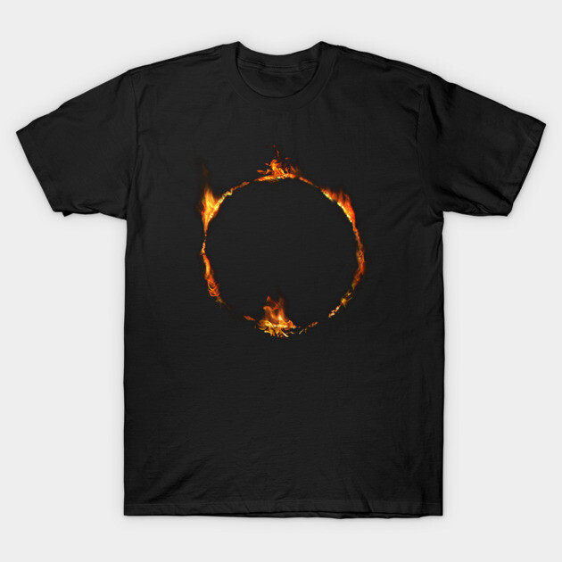Black t-shirt with fiery circle design, casual style, cotton material, perfect for everyday wear or themed events.