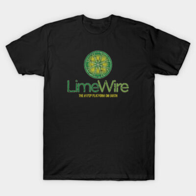 Black t-shirt with green LimeWire logo and text, casual style, cotton material, ideal for everyday wear.