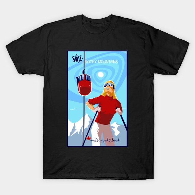 Black t-shirt with vintage Rocky Mountains ski design, featuring skier and cable car. Ideal for winter sports enthusiasts.