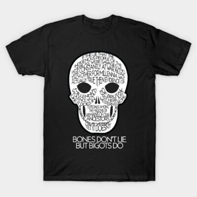 Black t-shirt with white skull design and text, casual wear, cotton fabric, graphic statement tee for everyday style.