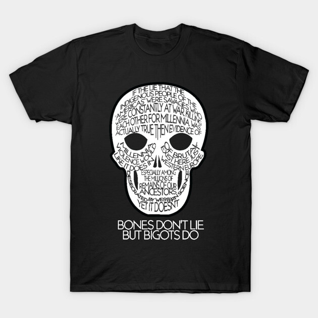 Black t-shirt with white skull design and text, casual wear, cotton fabric, graphic statement tee for everyday style.