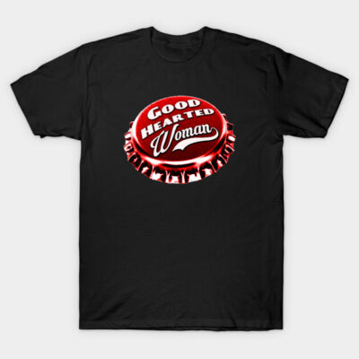 Black t-shirt with red bottle cap graphic and "Good Hearted Woman" text, casual wear, cotton material.