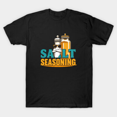 Black T-shirt with "Salt Seasoning" graphic, featuring salt and spice jars. Casual wear, cotton material, unisex design.