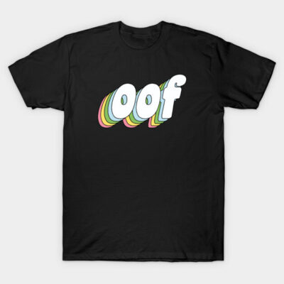Black T-shirt with colorful "oof" text design, casual style, cotton material, perfect for everyday wear.