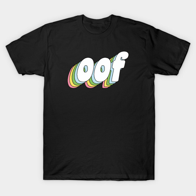 Black T-shirt with colorful "oof" text design, casual style, cotton material, perfect for everyday wear.