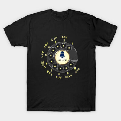 Black t-shirt with vintage rotary phone dial graphic; casual style, soft cotton fabric, retro design.