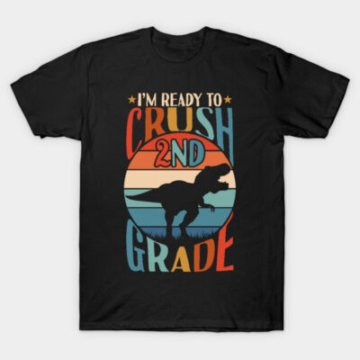 Black t-shirt with colorful "I'm Ready to Crush 2nd Grade" dinosaur design, perfect for back-to-school.