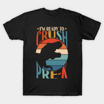 Black T-shirt with dinosaur graphic and "I'm Ready to Crush Pre-K" text, colorful retro style, cotton material.