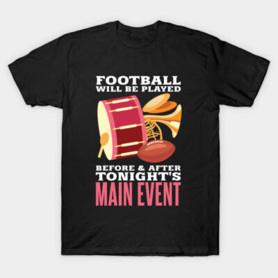 Black T-shirt with colorful drum, football, and text print, perfect for sports events or casual wear. 100% cotton fabric.