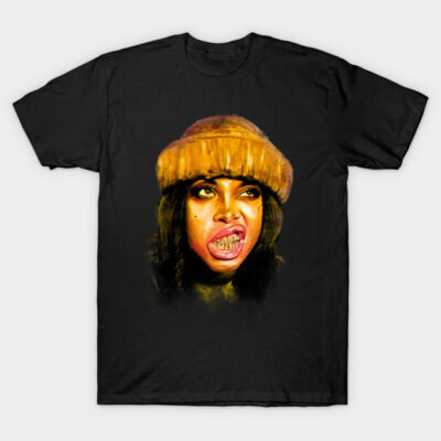Black cotton t-shirt featuring a colorful portrait design of a person in a yellow hat, ideal for casual wear.