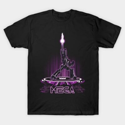 Black t-shirt featuring futuristic purple graphic design, ideal for casual wear.