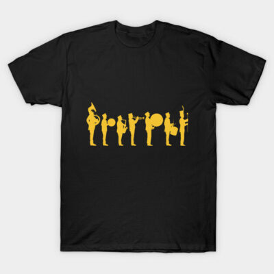 Black cotton t-shirt with yellow marching band silhouette design, casual style, perfect for music lovers.