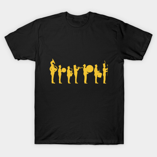 Black cotton t-shirt with yellow marching band silhouette design, casual style, perfect for music lovers.
