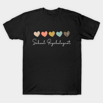 Black t-shirt with colorful heart design and "School Psychologist" text in cursive, casual wear, cotton material.