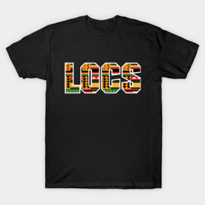 Black t-shirt with "LOCS" in colorful tribal pattern design, perfect for casual wear.
