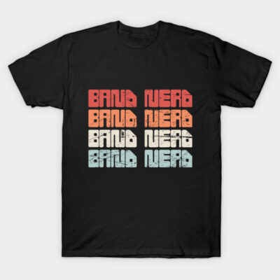 "Black t-shirt with 'Band Nerd' text in retro colors, casual style, perfect for music enthusiasts, cotton material"
