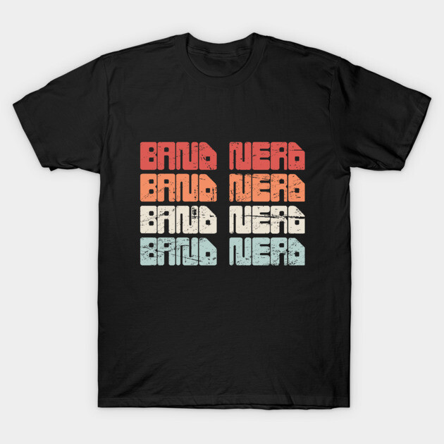 "Black t-shirt with 'Band Nerd' text in retro colors, casual style, perfect for music enthusiasts, cotton material"