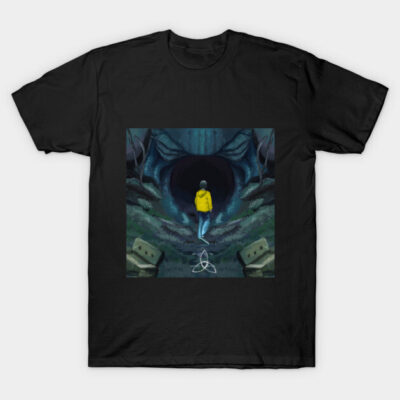 Black cotton T-shirt featuring a mysterious cave design and figure in yellow jacket. Casual wear, graphic style.