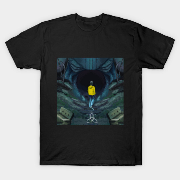 Black cotton T-shirt featuring a mysterious cave design and figure in yellow jacket. Casual wear, graphic style.