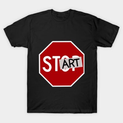 Black t-shirt with red stop sign design featuring "Stop Art" graphic. Casual wear, cotton material, unisex style.