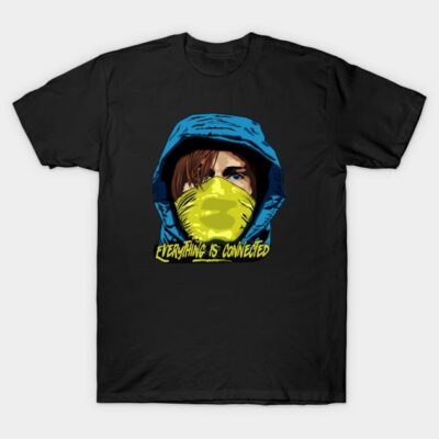 Black graphic t-shirt with vibrant hooded figure design and "Everything is Connected" text in yellow.