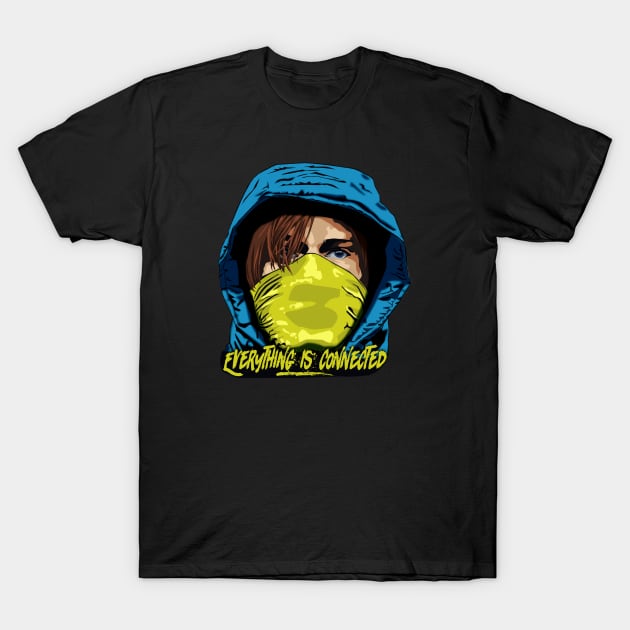 Black graphic t-shirt with vibrant hooded figure design and "Everything is Connected" text in yellow.