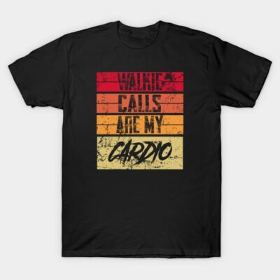 Black T-shirt with vintage striped "Walkie Calls Are My Cardio" graphic, casual style, cotton material.