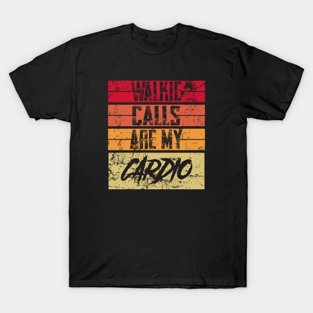 Black T-shirt with vintage striped "Walkie Calls Are My Cardio" graphic, casual style, cotton material.