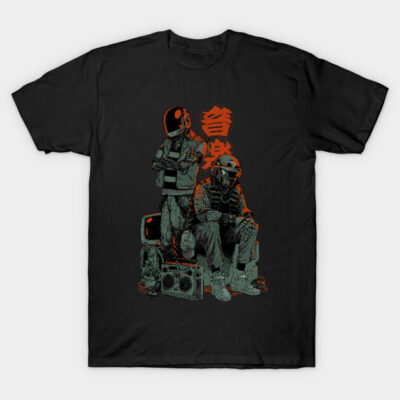 Black graphic t-shirt with retro helmet design, featuring vibrant red and green accents, made from 100% cotton.