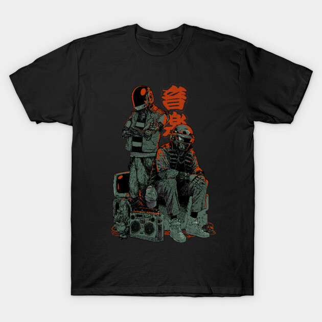 Black graphic t-shirt with retro helmet design, featuring vibrant red and green accents, made from 100% cotton.
