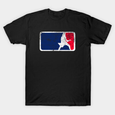 Black T-shirt with a distressed red, white, and blue rock guitarist logo, casual unisex cotton apparel.
