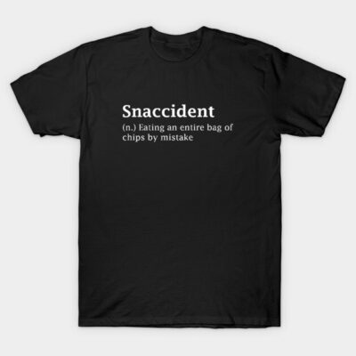 Black cotton t-shirt with "Snaccident" humorous text print, casual style, perfect for everyday wear.