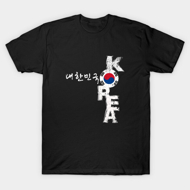 Black T-shirt with "Korea" text and flag design, casual wear, cotton material, unisex style, ideal for everyday use.