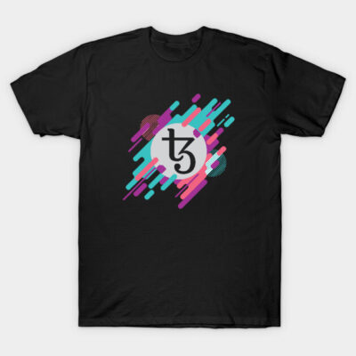 Black cotton t-shirt with colorful abstract graphic design, perfect for casual wear.