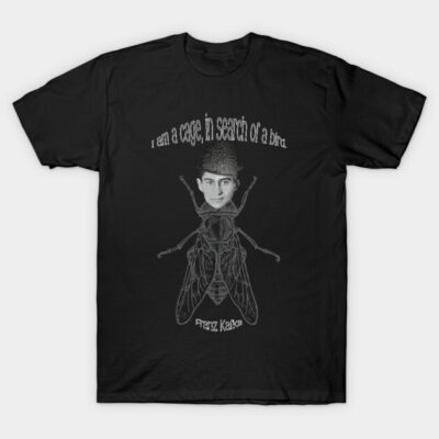 Black graphic t-shirt with abstract insect design and text, unisex casual wear, 100% cotton.