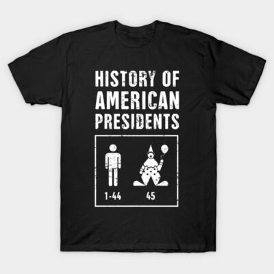 Black cotton t-shirt with "History of American Presidents" graphic design, casual wear, unisex, comfortable fit.