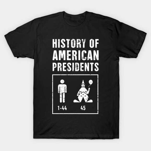 Black cotton t-shirt with "History of American Presidents" graphic design, casual wear, unisex, comfortable fit.