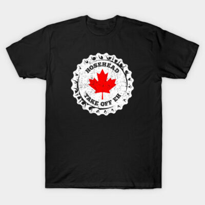 Black t-shirt with white and red maple leaf graphic, vintage Canadian design, casual wear, cotton material.