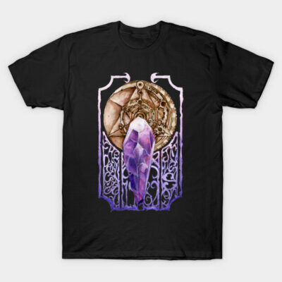 Black t-shirt with purple geometric crystal and steampunk gear design, unisex casual wear, cotton fabric, mystical style.