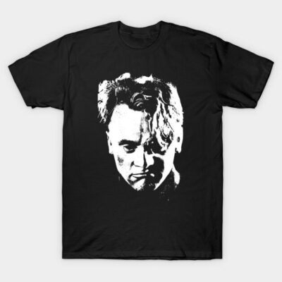 Black graphic t-shirt featuring bold white face print, casual style, made from soft cotton for comfortable everyday wear.