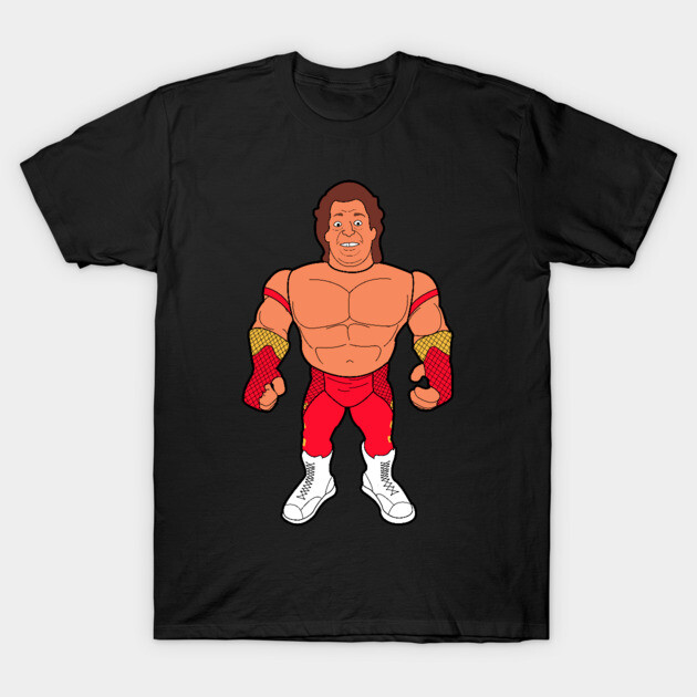 Black t-shirt featuring a cartoon wrestler in red and yellow attire, perfect for casual wear or wrestling fans.